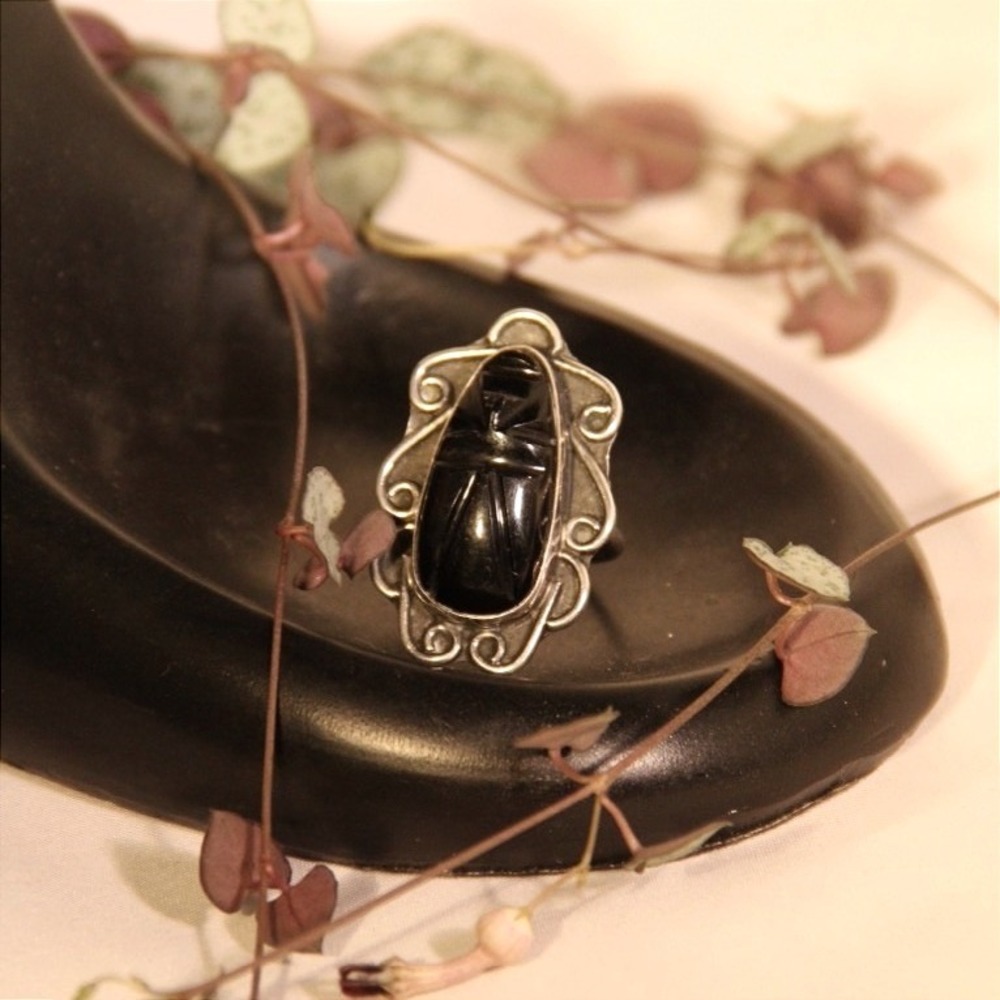 Vintage Mexico Sterling Silver Hand Carved Black‎ Onyx Scarab Ring Size 6.75